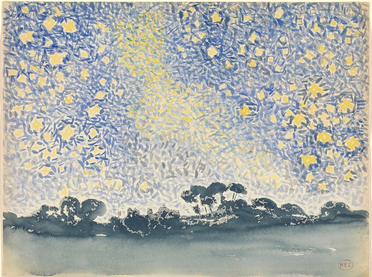 A blue-and-yellow watercolor night sky above a dark landscape