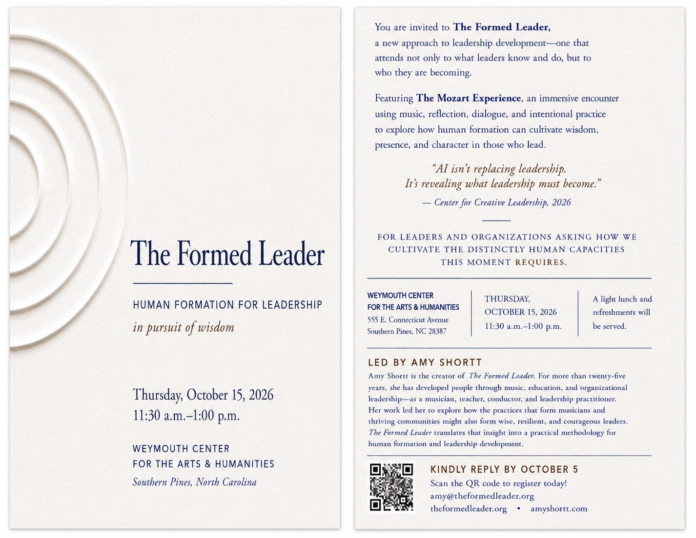 The two-sided printed invitation to The Formed Leader featuring The Mozart Experience, Thursday, October 15, 2026, 11:30 a.m.–1:00 p.m., at Weymouth Center for the Arts & Humanities, Southern Pines, North Carolina