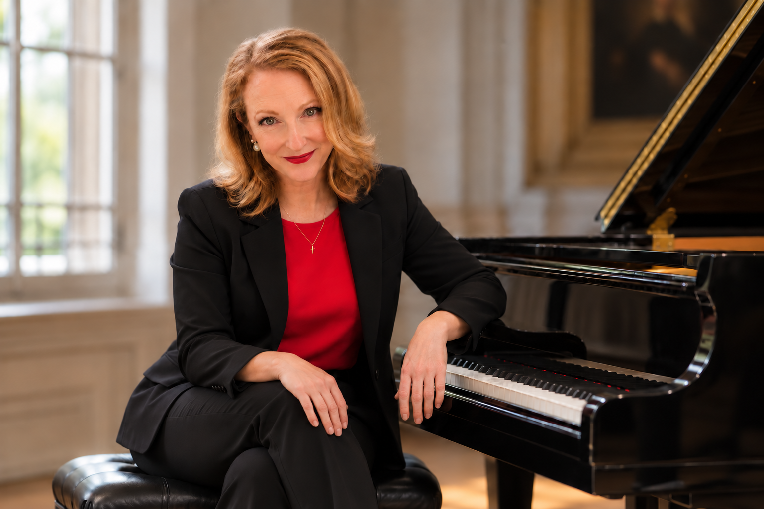 Amy Shortt seated beside a grand piano