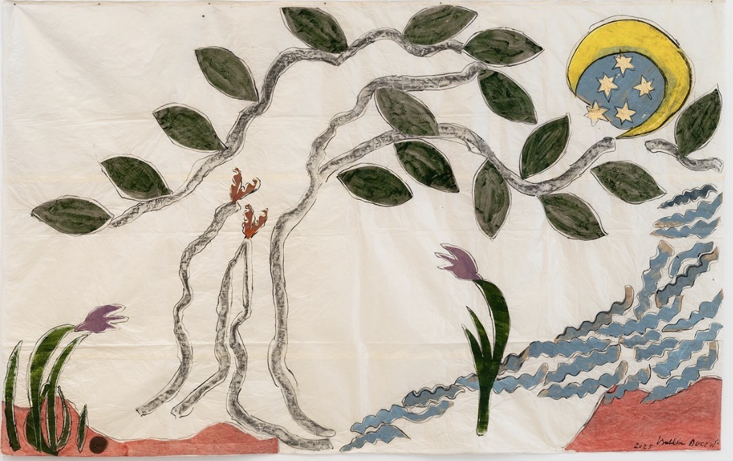 A painted tree beneath a crescent moon and stars