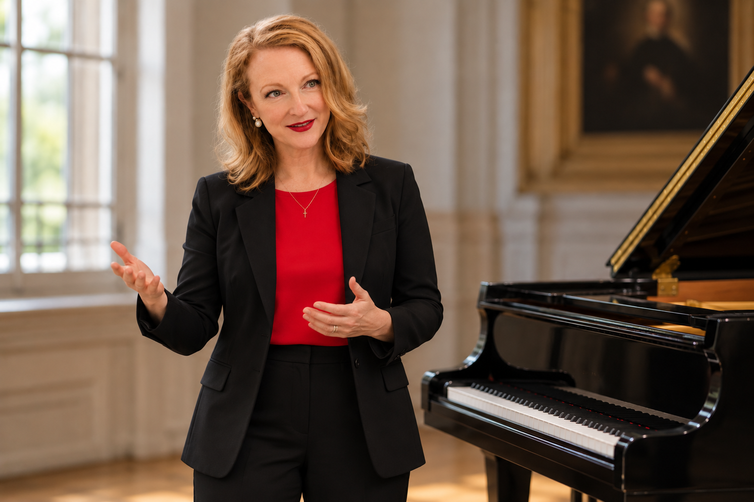 Amy Shortt gesturing beside a grand piano
