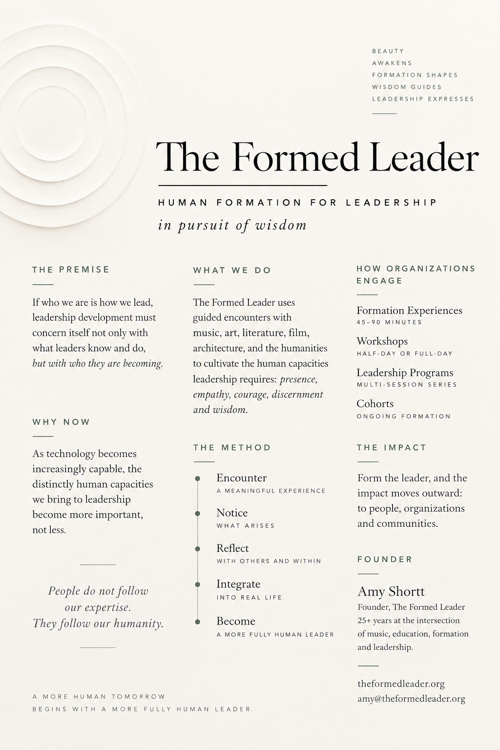 The Formed Leader — Human Formation for Leadership, in pursuit of wisdom. An overview of the premise, what we do, the method, how organizations engage, the impact, and founder Amy Shortt.