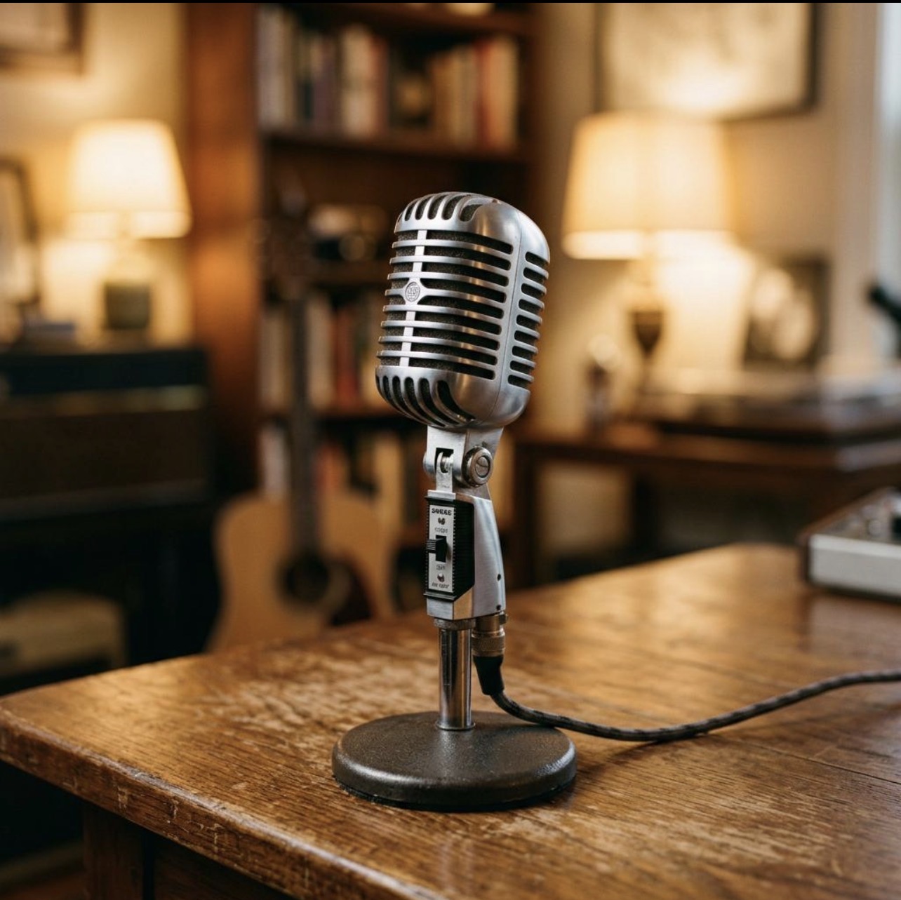 A vintage microphone resting on a wooden desk